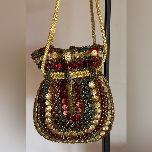 Bohemian Beaded Vibrant Red And Gold Drawstring Closure Small Unique Bag - Picture 5 of 10